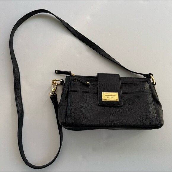 Tignanello Black Leather Crossbody Bag Adjustable Strap Gold Hardware - Picture 4 of 13